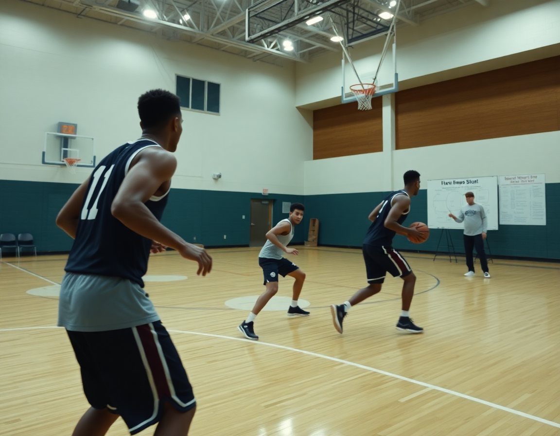 Jóvenes jugadores ejecutan un drill rápido de baloncesto, pizarra táctica baloncesto online visible.