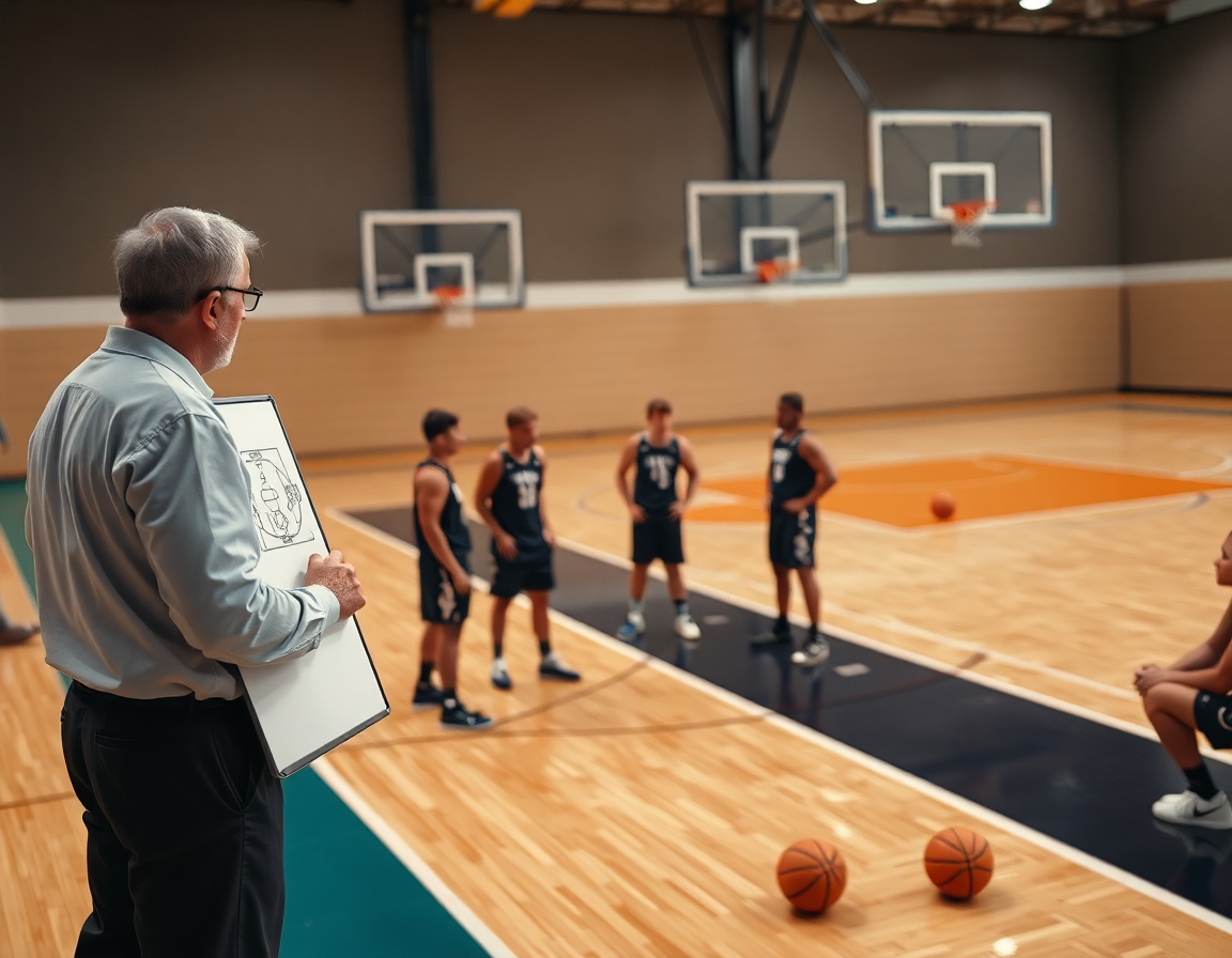 El entrenador señala un plan con pizarra táctica baloncesto online mientras los jugadores miran.