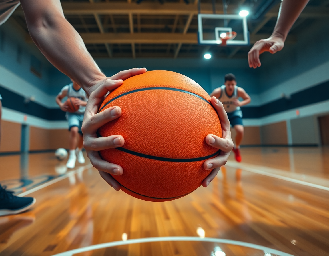 Manos alrededor de un balón naranja, pizarra táctica baloncesto online guía la jugada.