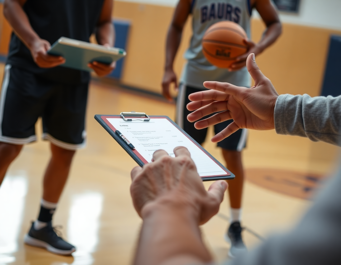 Primer plano de manos en un drill de baloncesto, con la pizarra táctica baloncesto para pc gratis.