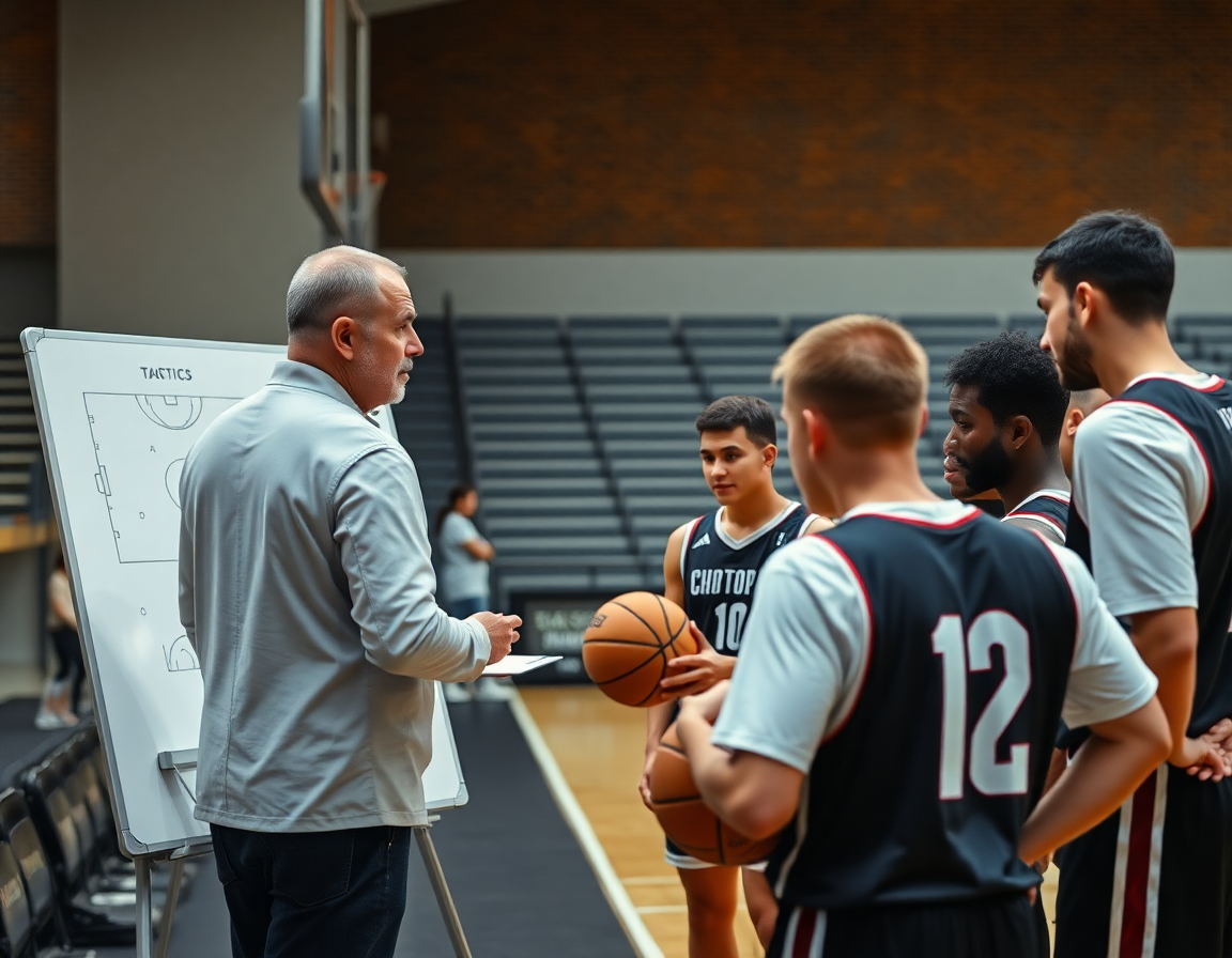 Entrenador señala la pizarra táctica baloncesto para pc gratis mientras los jugadores sostienen balón.