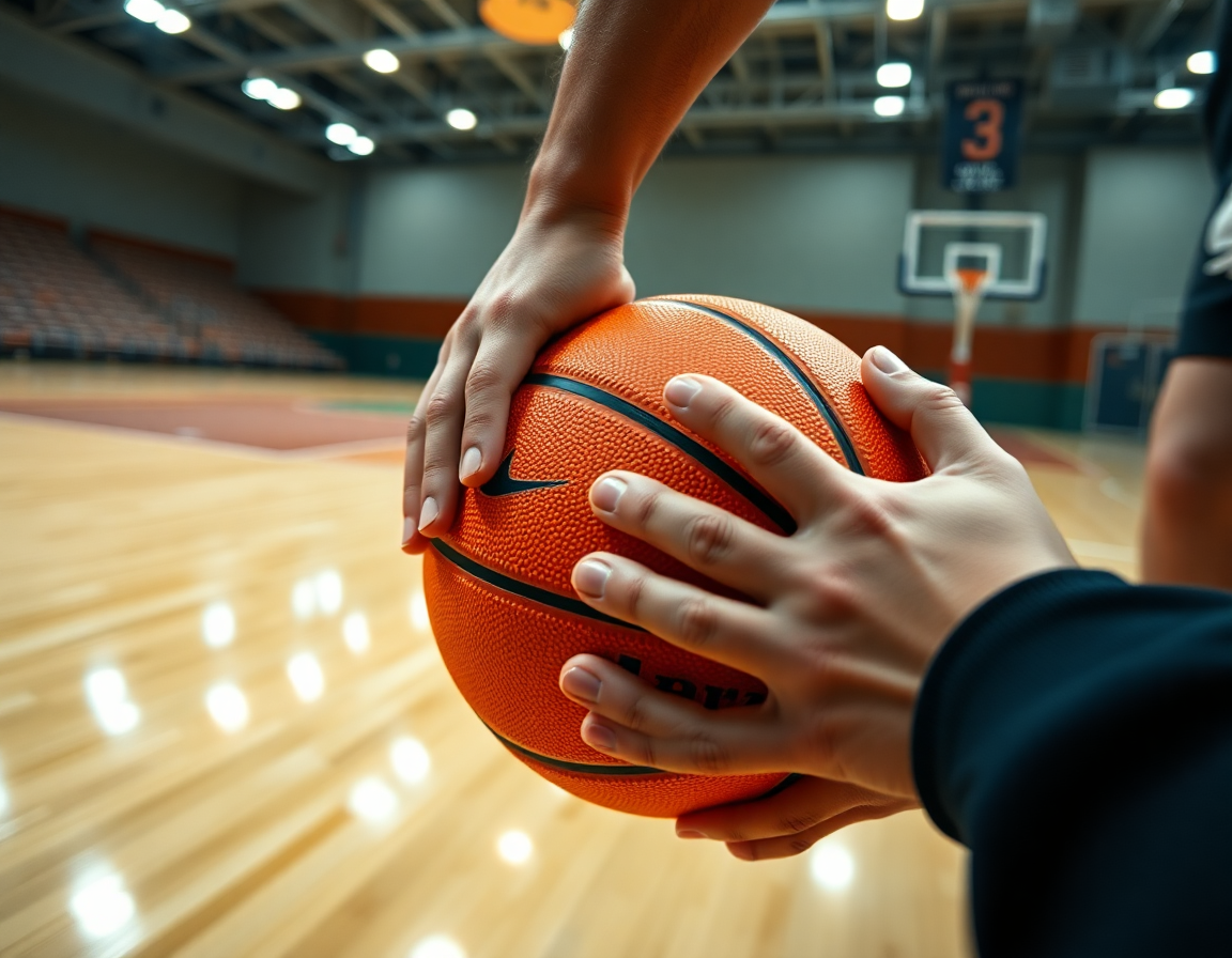 Enfoque cercano de las manos y el balón durante el plan de entrenamiento de baloncesto para niños.