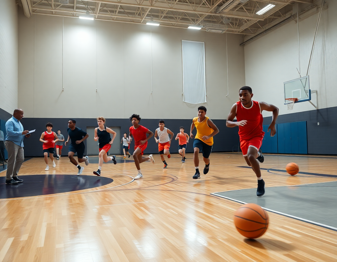 Acción de juego real en el plan de entrenamiento de baloncesto para niños, con jugadores corriendo.