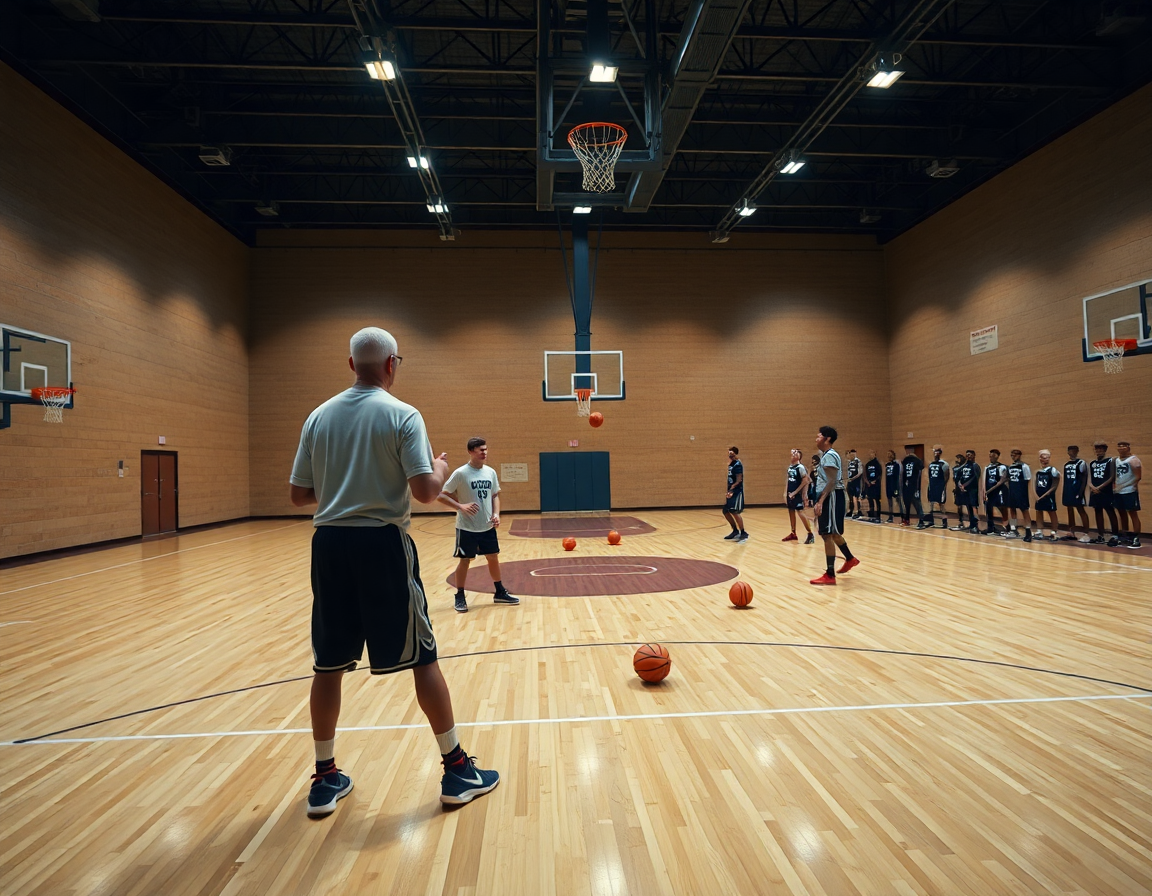Baloncesto base, drill en progreso en cancha de baloncesto con entrenador y balón naranja.