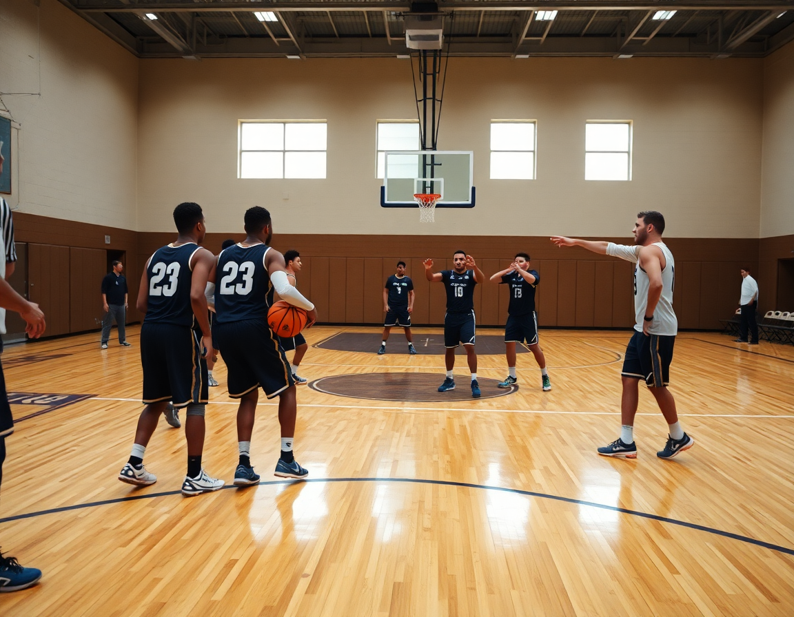 Baloncesto base, jugadores ejecutan una jugada en la cancha mientras el entrenador señala desde la banda.