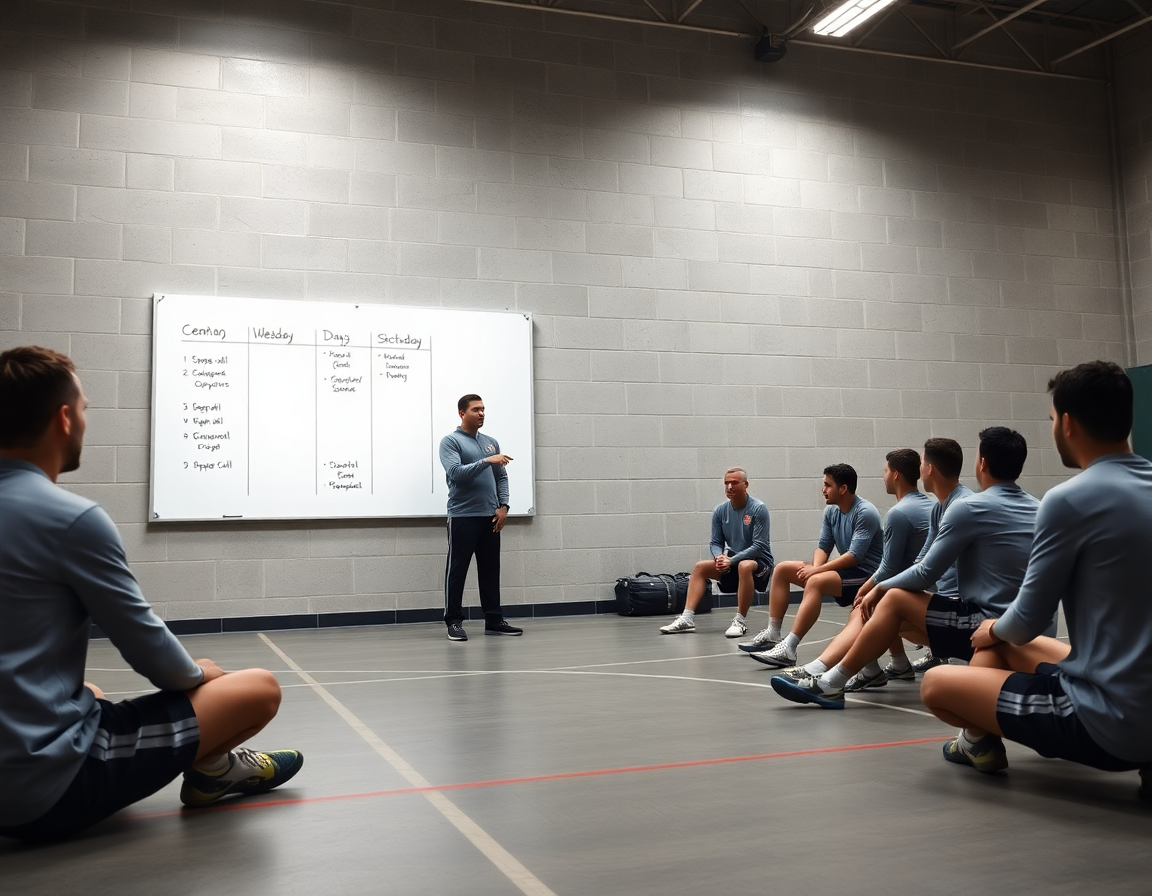 Un entrenador baloncesto organiza la semana frente a una pizarra, rodeado de jugadores atentos.