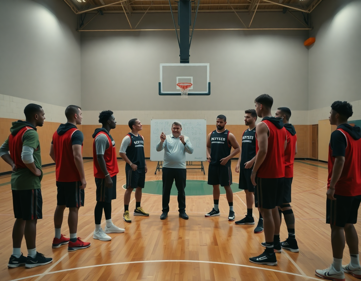 El entrenador baloncesto explica una jugada en la pizarra frente a los jugadores.