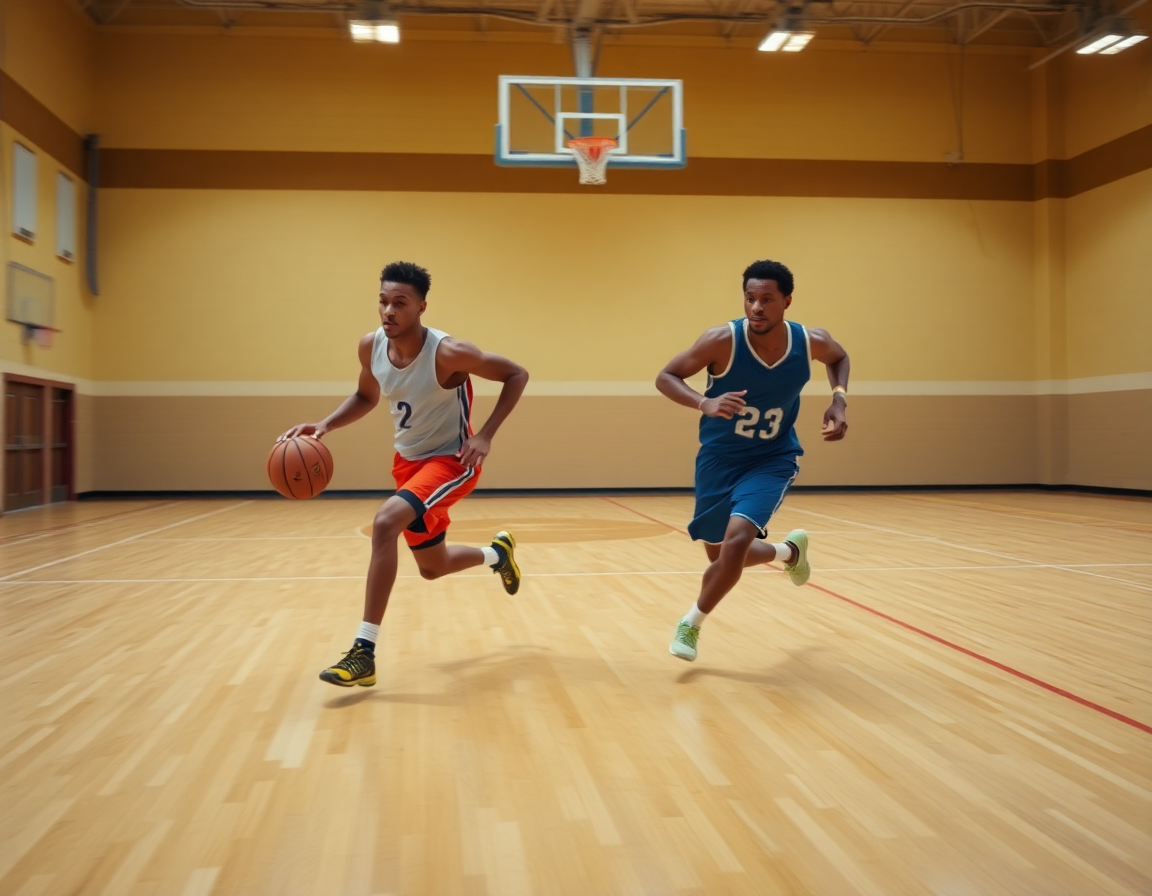 Players running a fast-break drill in practice