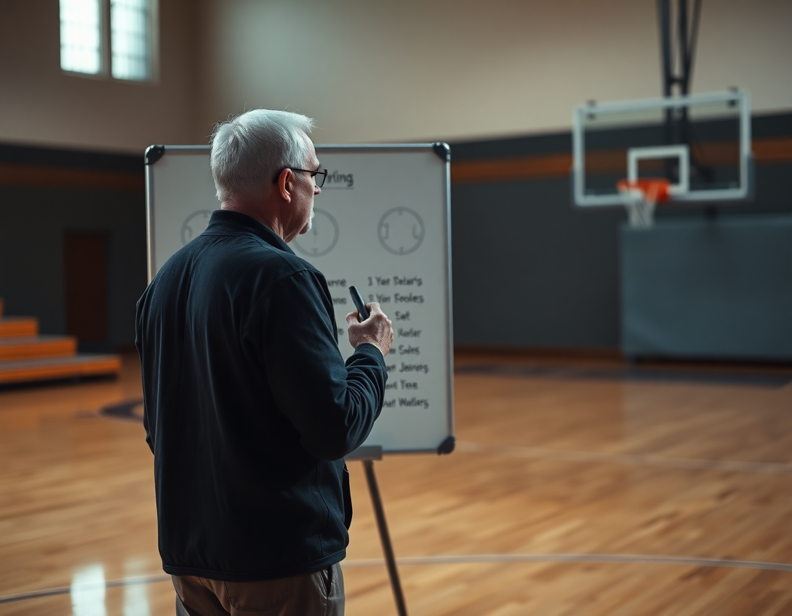Coach explaining tactics on a gym whiteboard