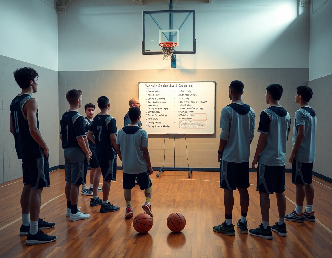 Escena de entrenamiento baloncesto minibasket: entrenador explica metas semanales en pizarra ante jugadores.