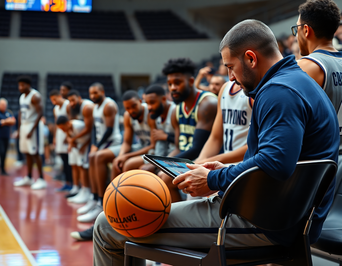 Escena de entrenamiento baloncesto minibasket: entrenador revisa clips de scouting en una tablet frente a jugadores.