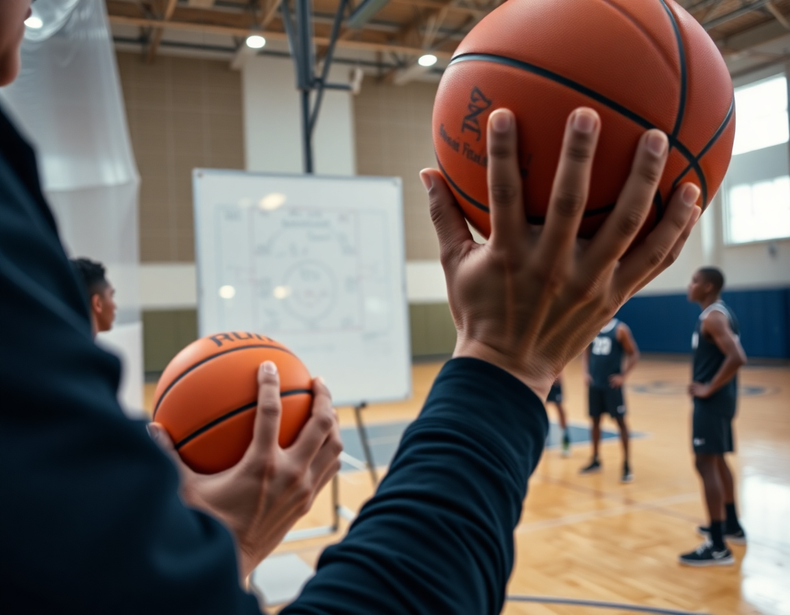 Primer plano de manos sosteniendo una pelota naranja durante entrenamientos de baloncesto en casa.