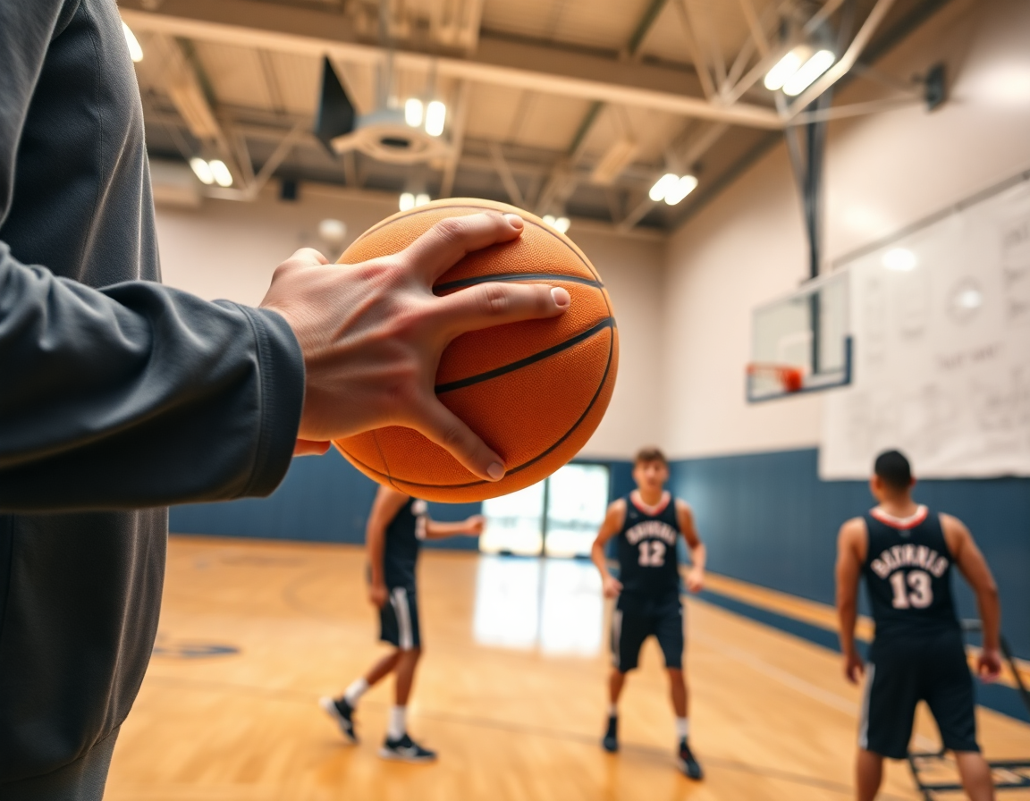 Primer plano de manos con una pelota naranja frente a pizarra táctica durante entrenamientos de baloncesto en casa.