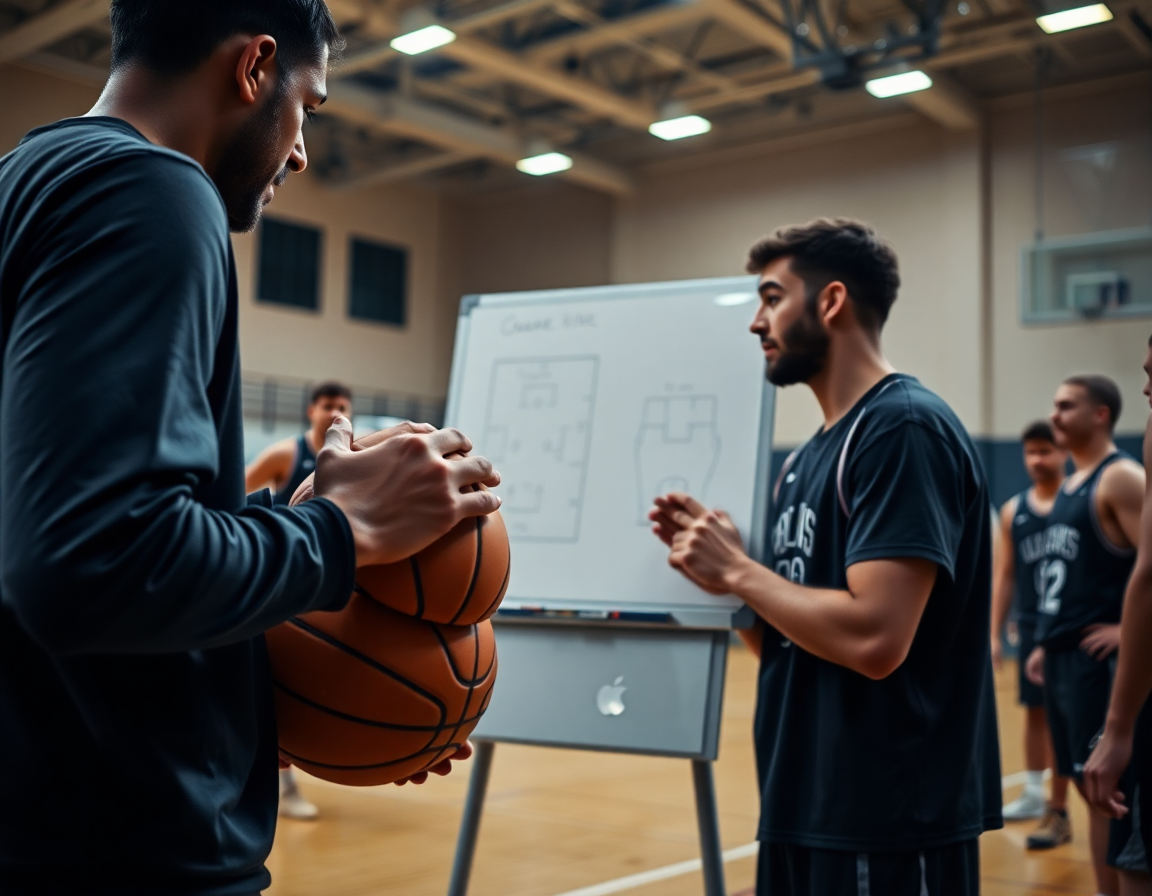 Coach marca jugadas en una pizarra blanca para entrenamientos de baloncesto para niños, rodeados de jugadores.