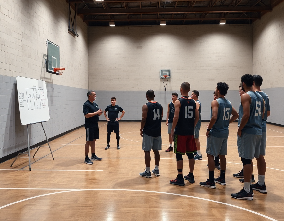 El playbook basket guía una sesión junto a la pizarra y ejercicios alrededor del aro.