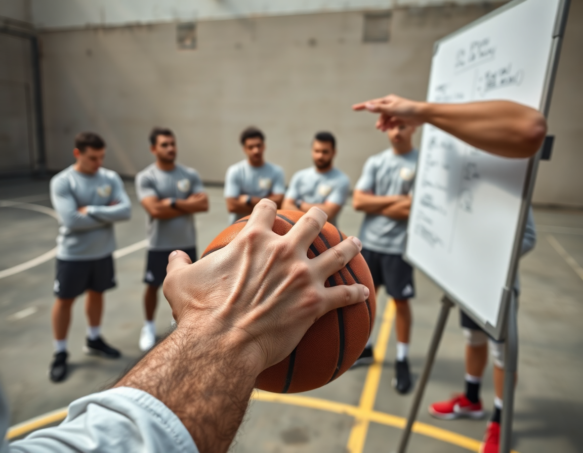 Primer plano de las manos sujetando la pelota mientras un entrenador dirige.