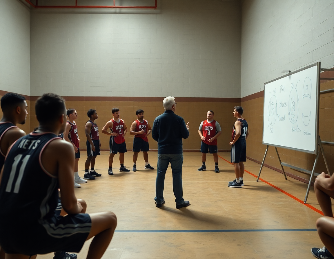 Entrenador presenta tactica baloncesto en la pizarra mientras jugadores atentos miran y toman notas.