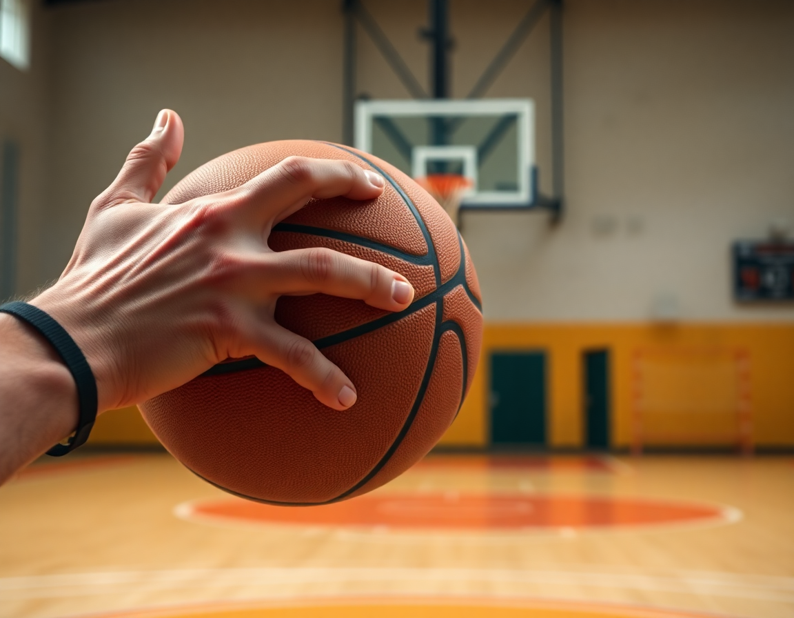 Primer plano de manos y balón durante ejercicio de tactica baloncesto, fondo con pista en gimnasio.