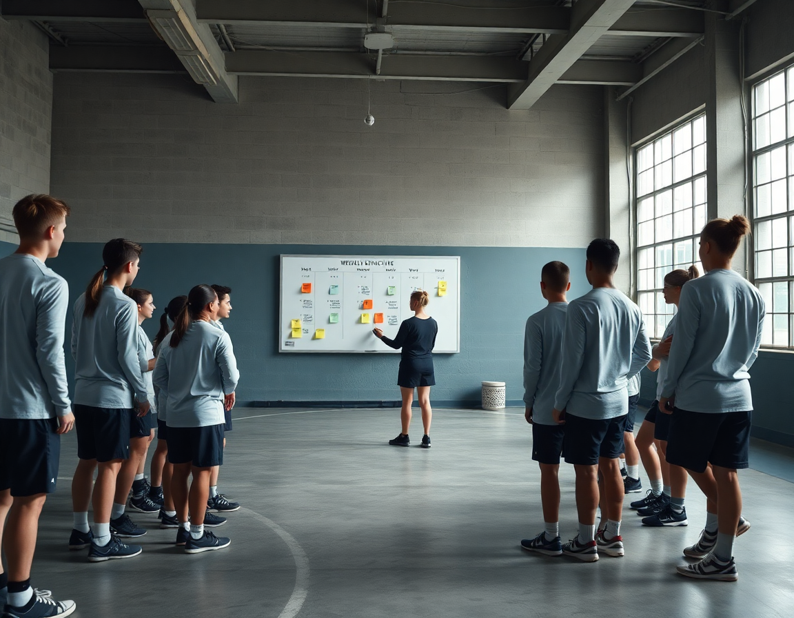 Planificación semanal de baloncesto femenino mostrada en primer plano: entrenador explicando calendario.
