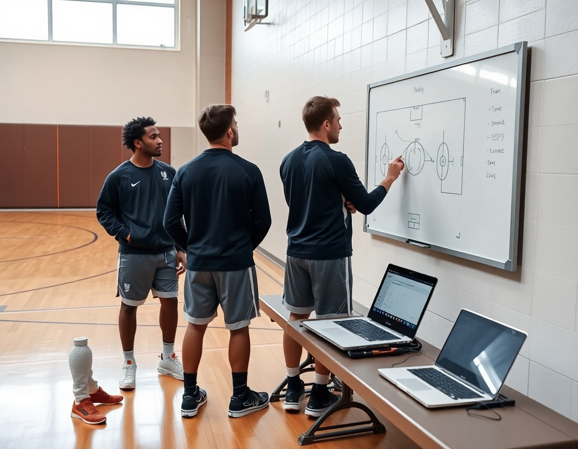 Entrenador con pizarra dibuja jugadas de baloncesto mientras dos jugadores observan, plan semanal del club baloncesto.