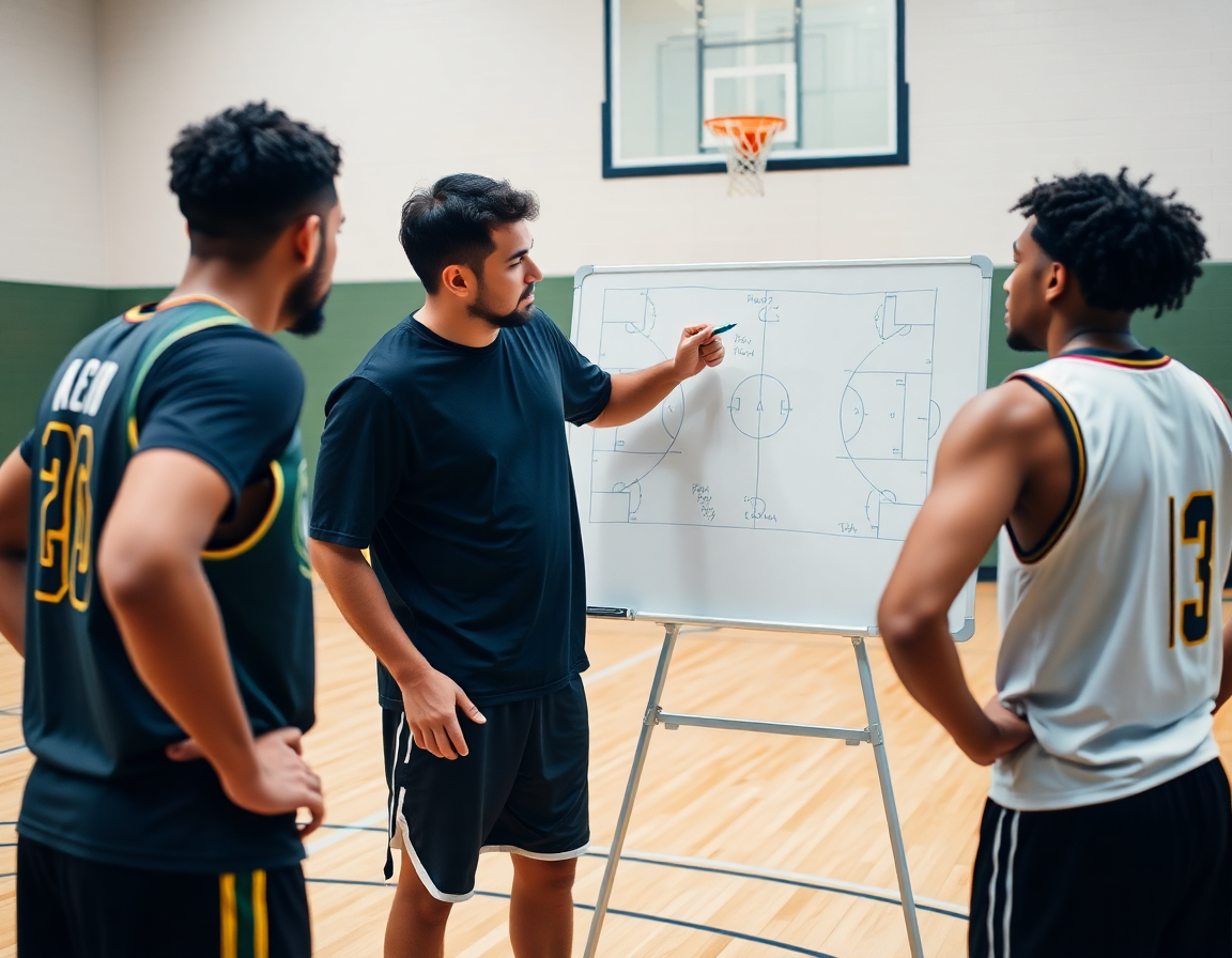 Entrenador dibuja jugadas de baloncesto en la pizarra para la semana del club baloncesto, con jugadores atentos.