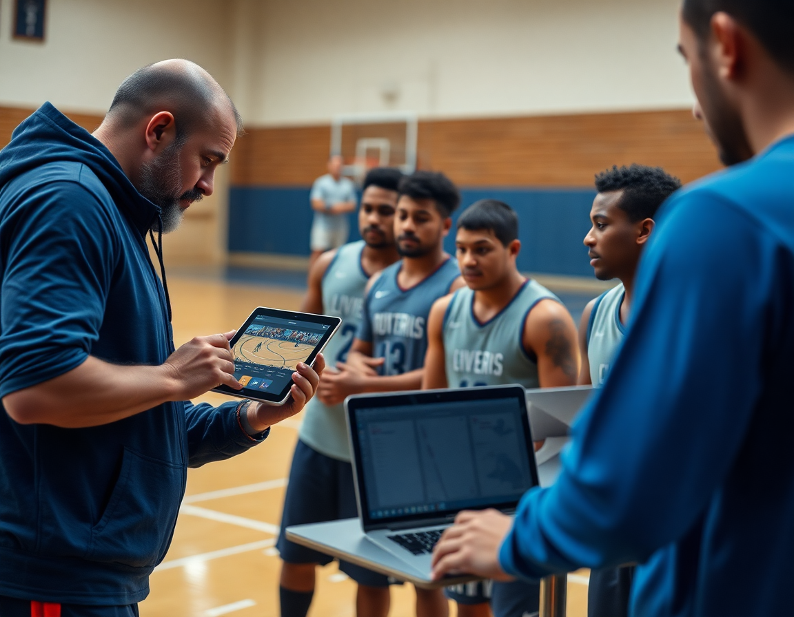 Entrenador comparte clips de baloncesto a los jugadores del club baloncesto desde una tablet.