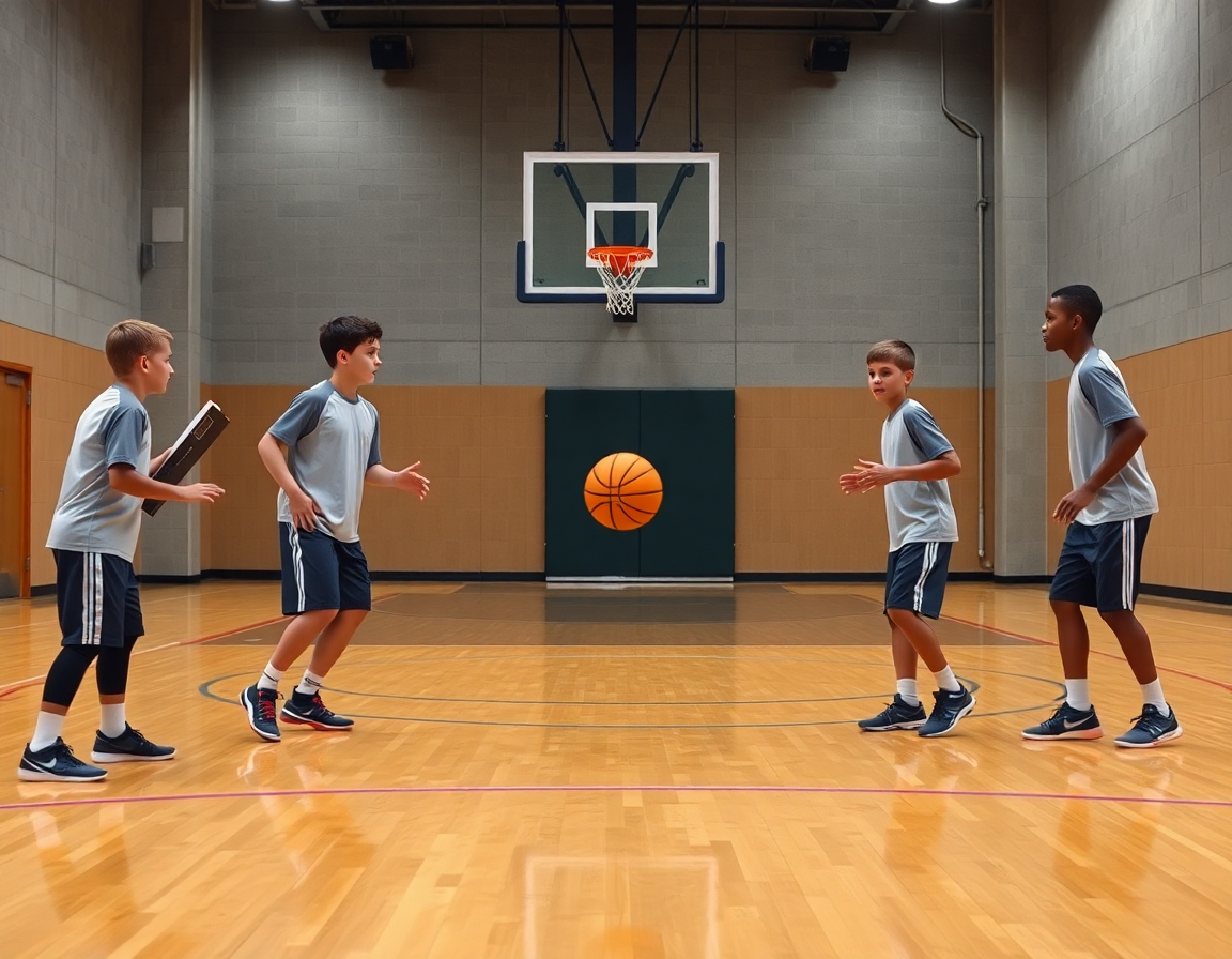 Jugadas baloncesto infantil en acción: entrenador dirige drill en cancha de baloncesto infantil.