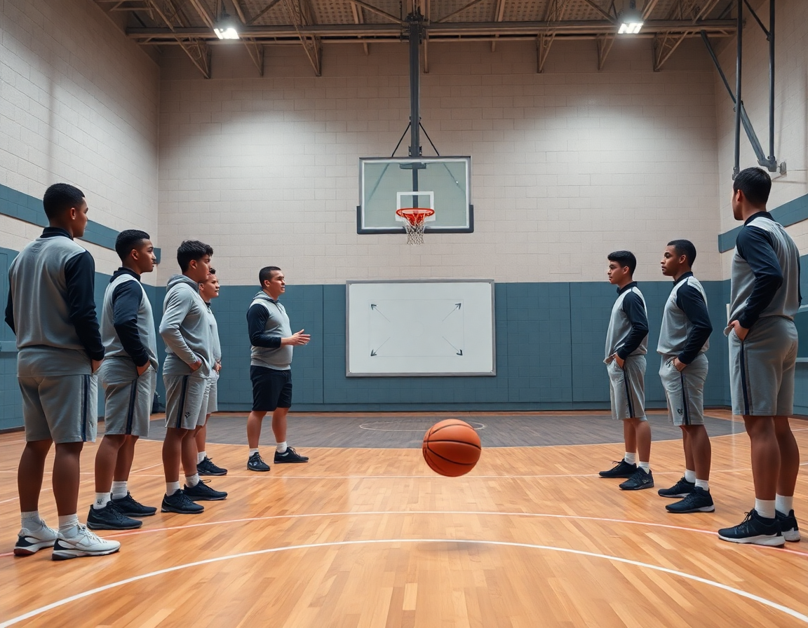 Planificación de jugadas baloncesto infantil: pizarra táctica, jugadores observando, y balón naranja bajo luces.