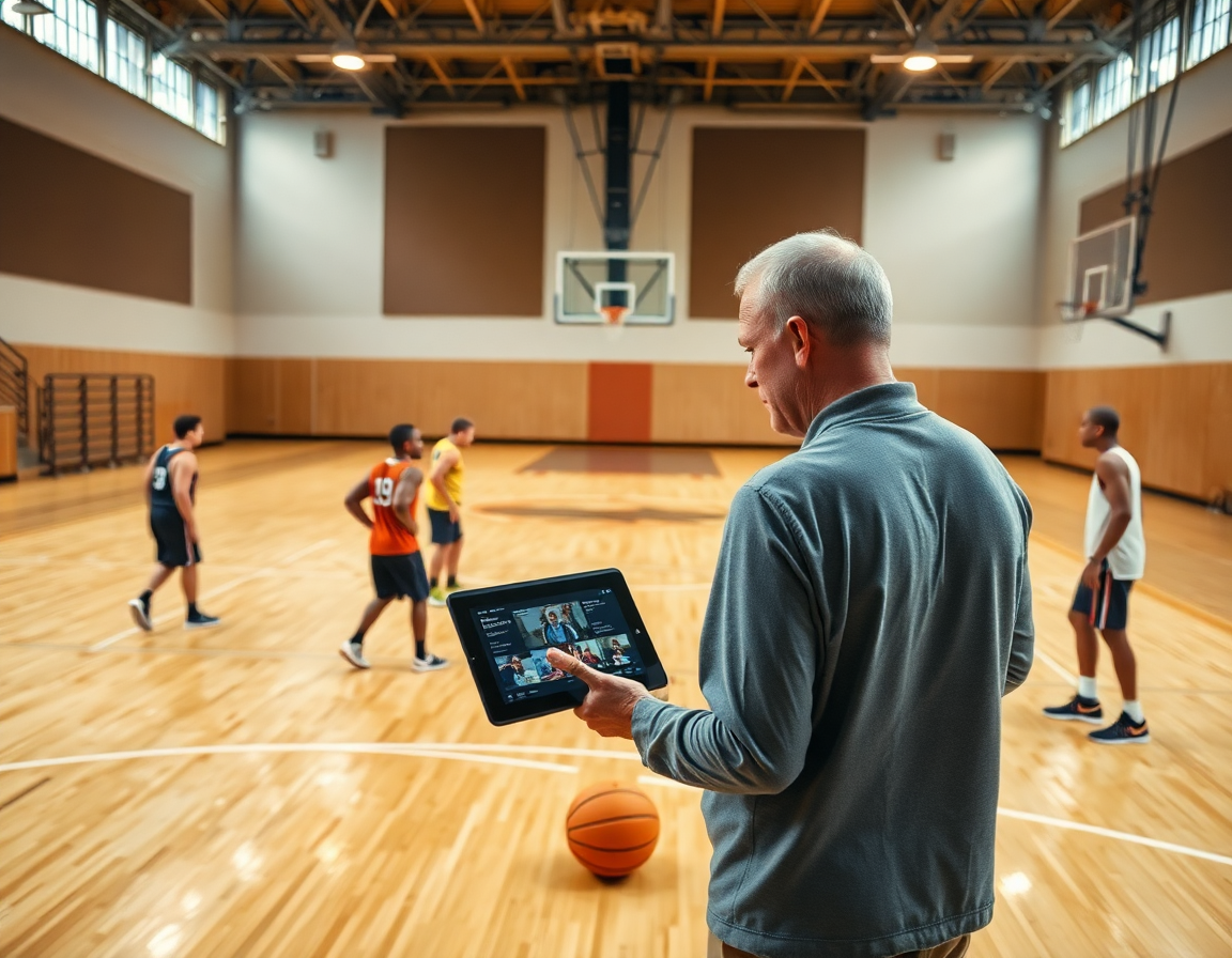 Scouting y jugadas baloncesto infantil: entrenador revisa clips para baloncesto infantil en la cancha.