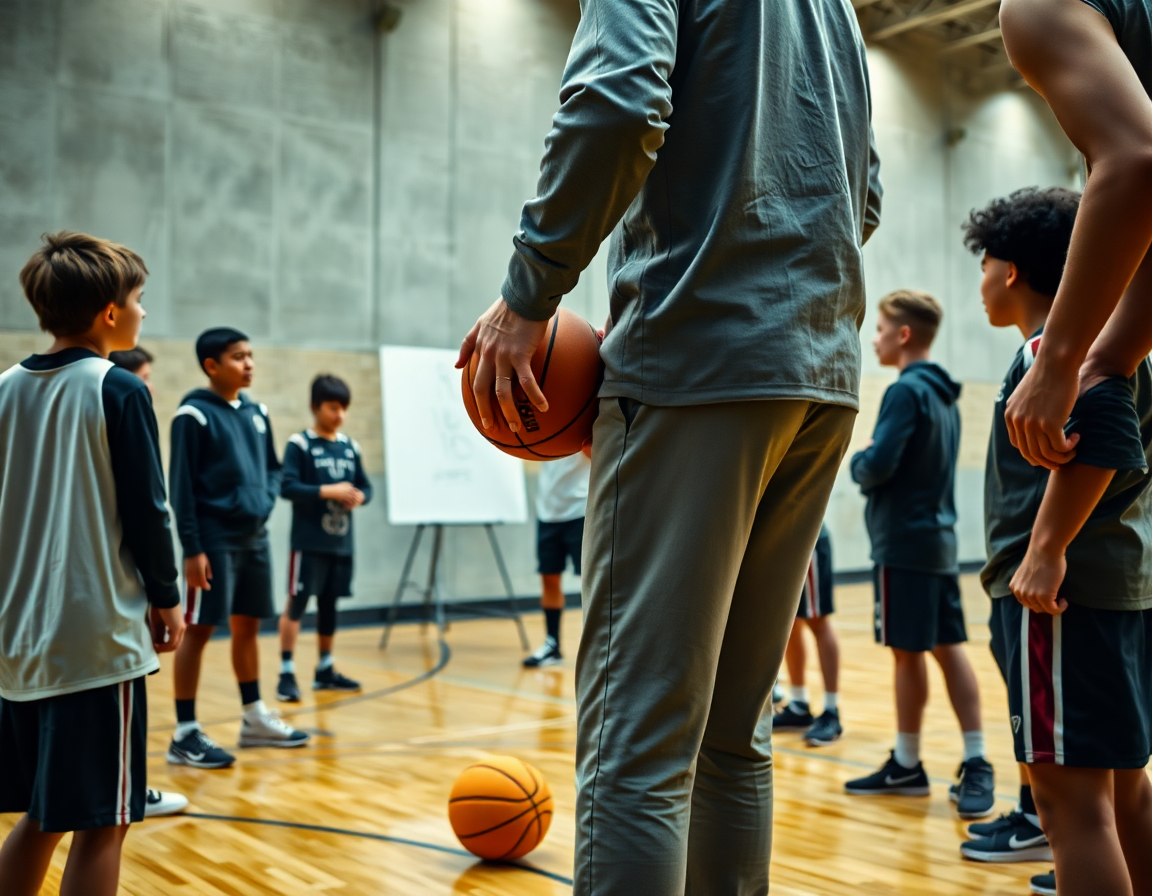 Detalle de jugadas baloncesto junior en acción durante un entrenamiento, manos y balón.