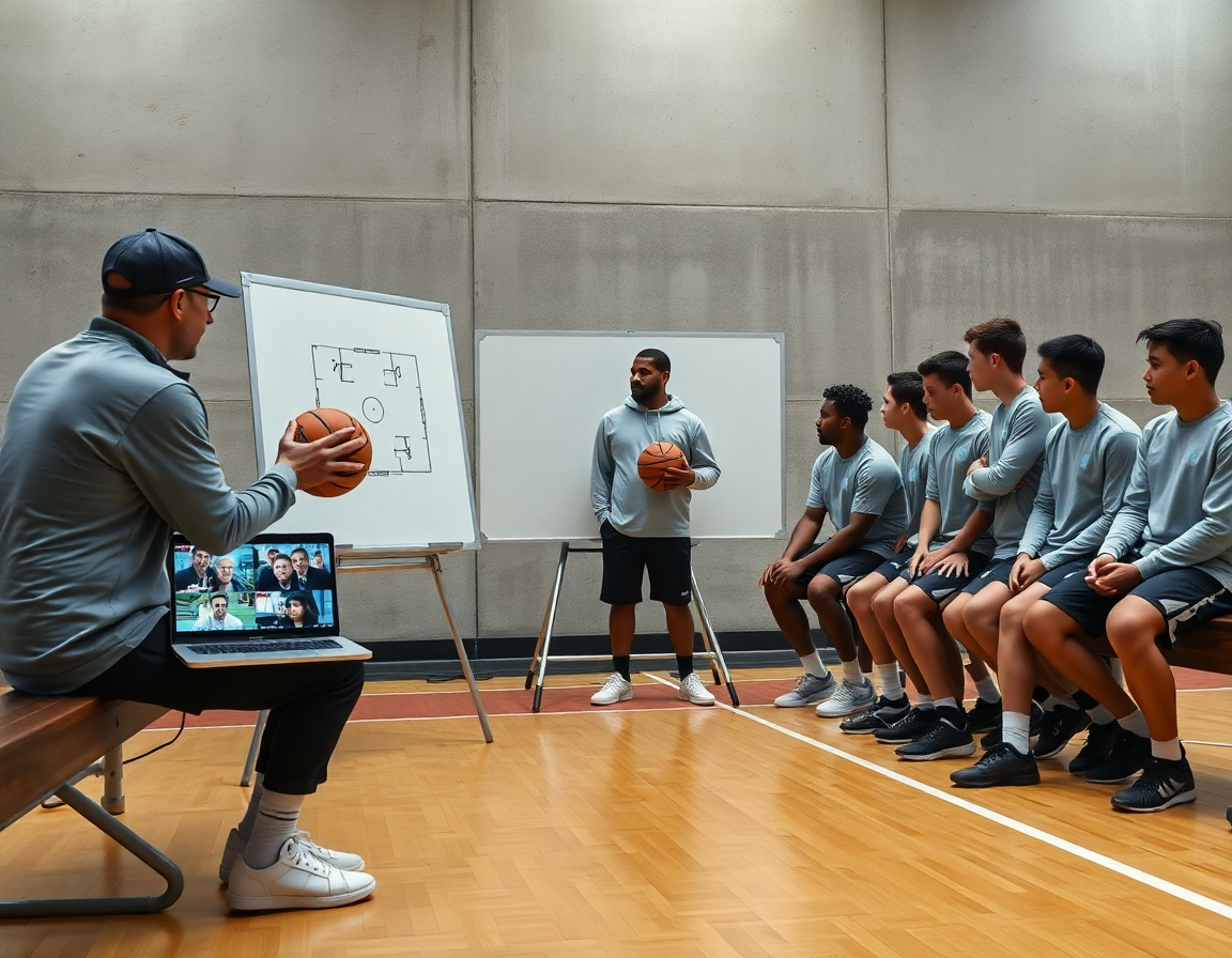 Escena de jugadas baloncesto junior en revisión de video con entrenador.