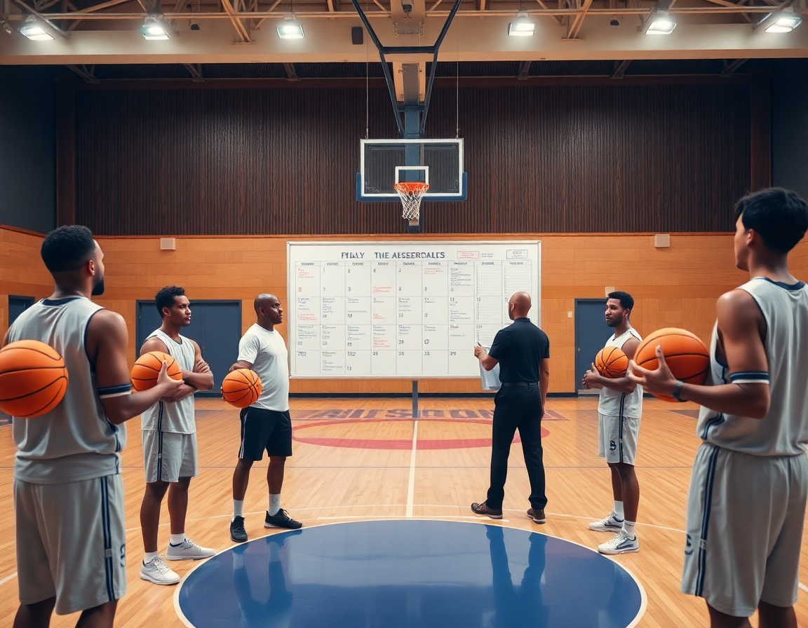 Enfoque semanal de ejercicio baloncesto para entrenadores en un gimnasio real, claramente visible.