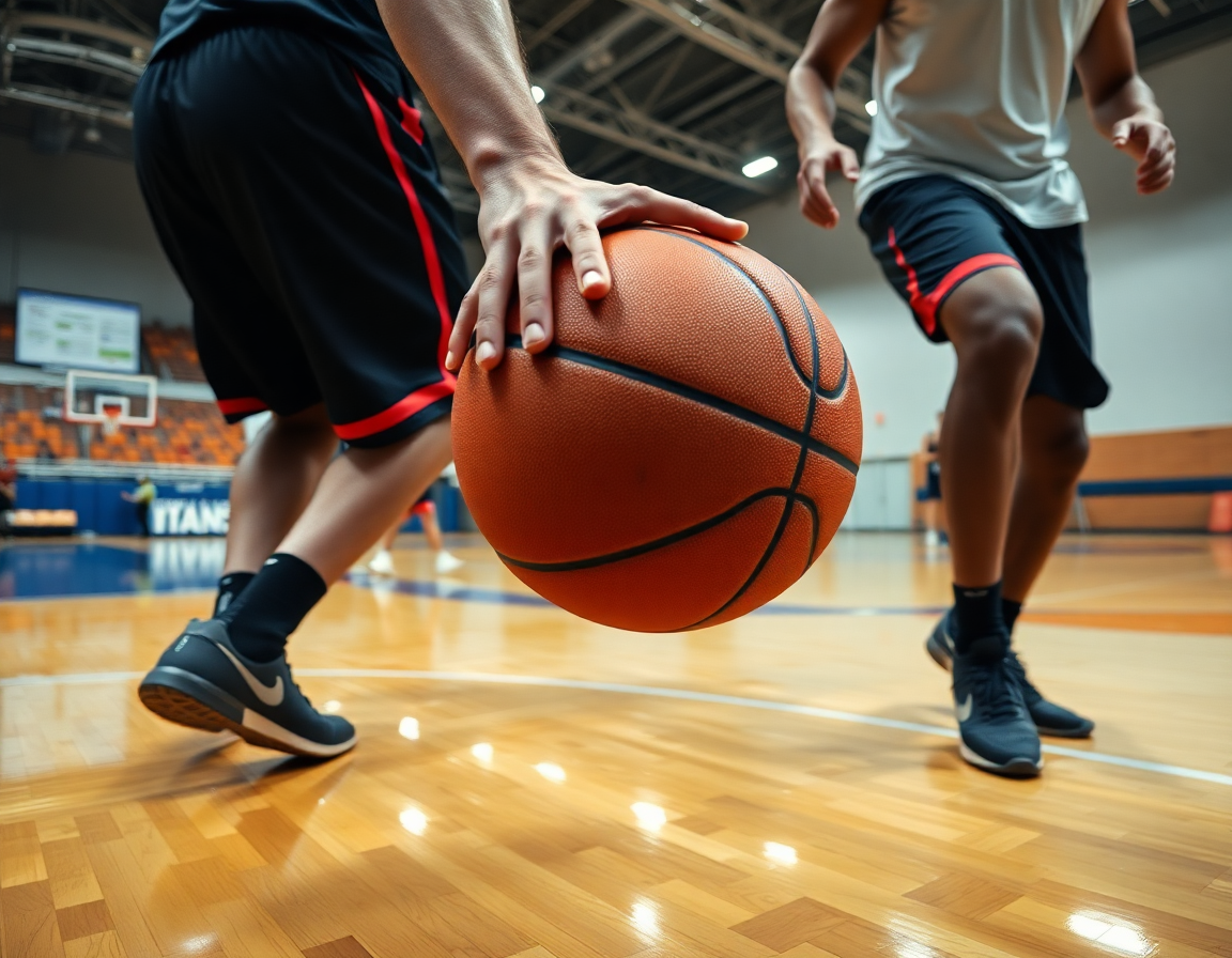 Plano detalle de manos con balón de baloncesto y tablet mostrando datos de scouting baloncesto.