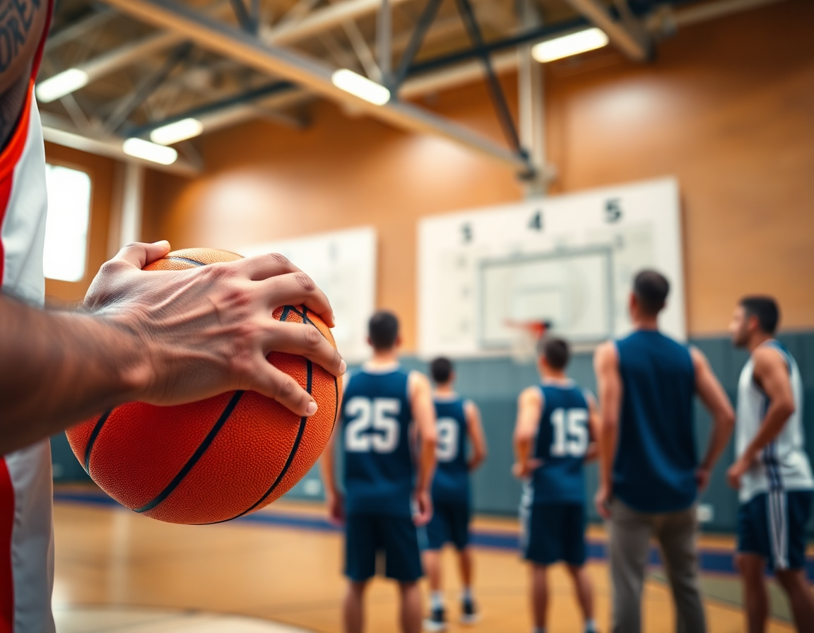 Primer plano de una jugadora sosteniendo un balón, poste alto y poste bajo en baloncesto.