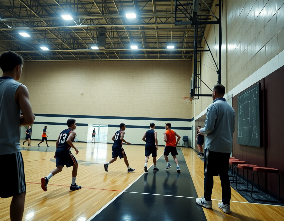 Vista amplia de un entrenamiento de poste alto y poste bajo en baloncesto con equipo y entrenador.