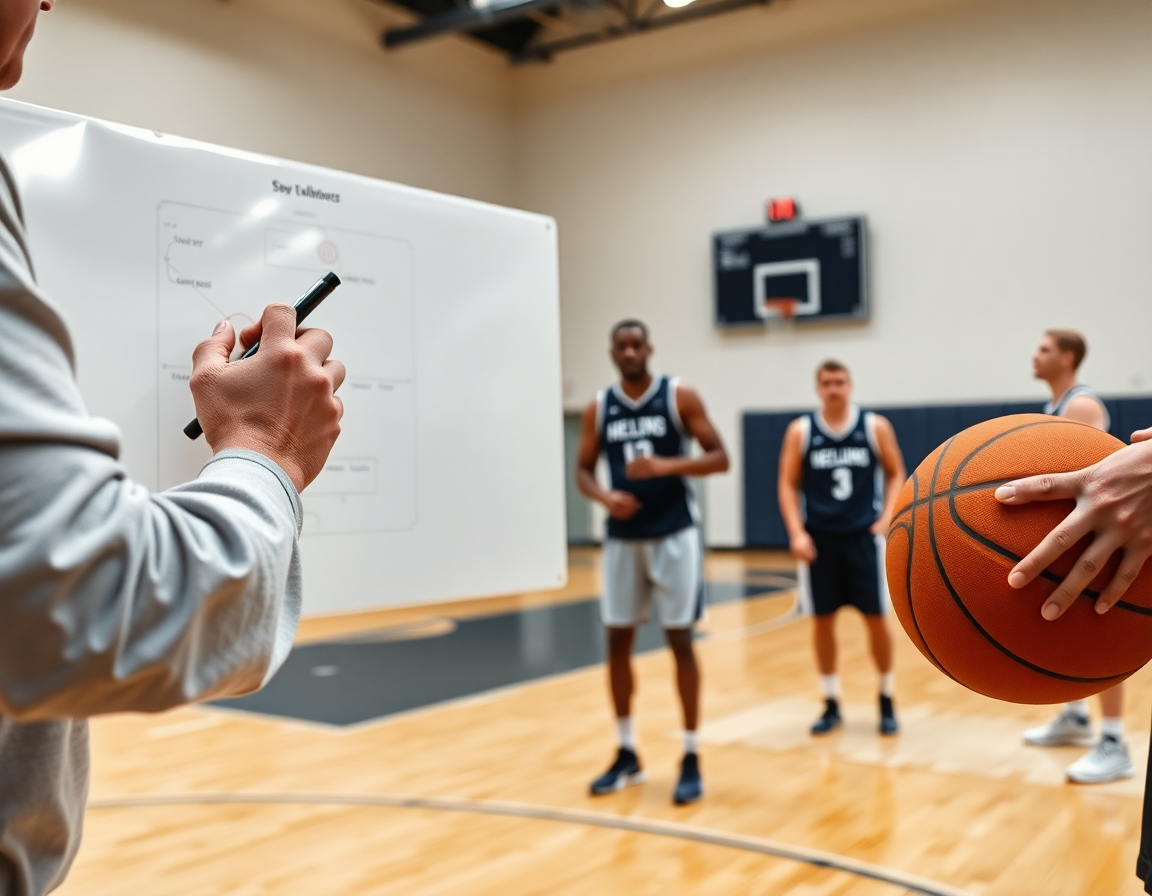 Plano cercano de un entrenador dibujando una jugada para poste alto y poste bajo en baloncesto.
