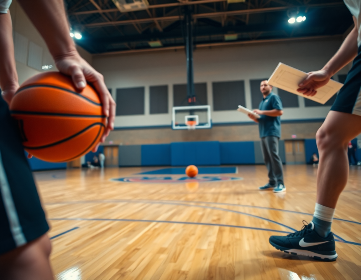 Manos sosteniendo el balón de baloncesto durante una práctica de poste alto y poste bajo baloncesto.
