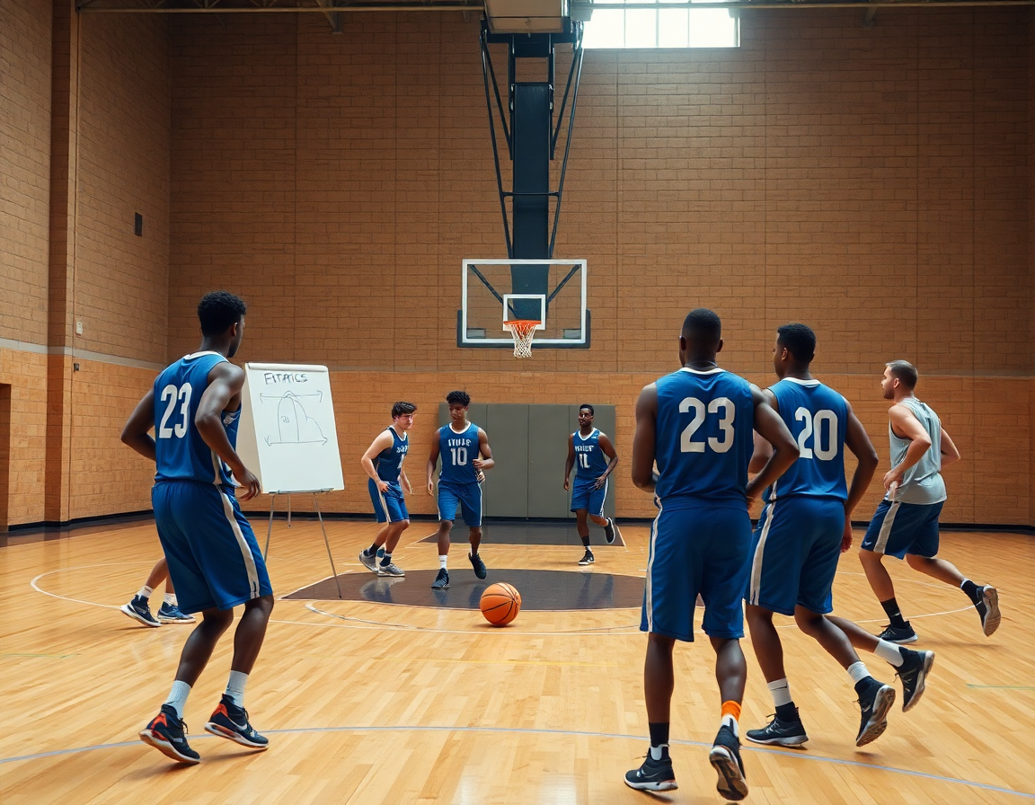 Plano general de la sesión de poste alto y poste bajo baloncesto con entrenador y jugadores.