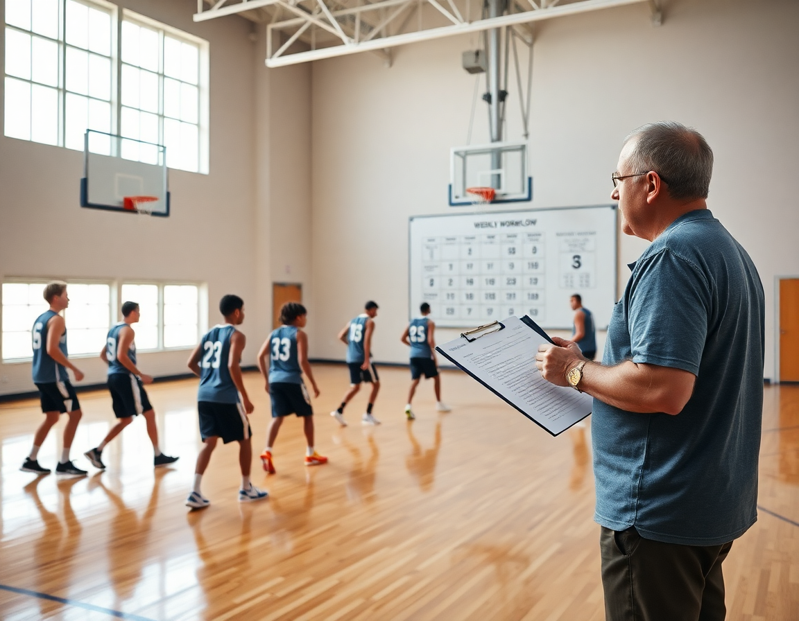 workflow semanal de entrenamiento baloncesto aragon: entrenador muestra planes y jugadas a las jugadoras.