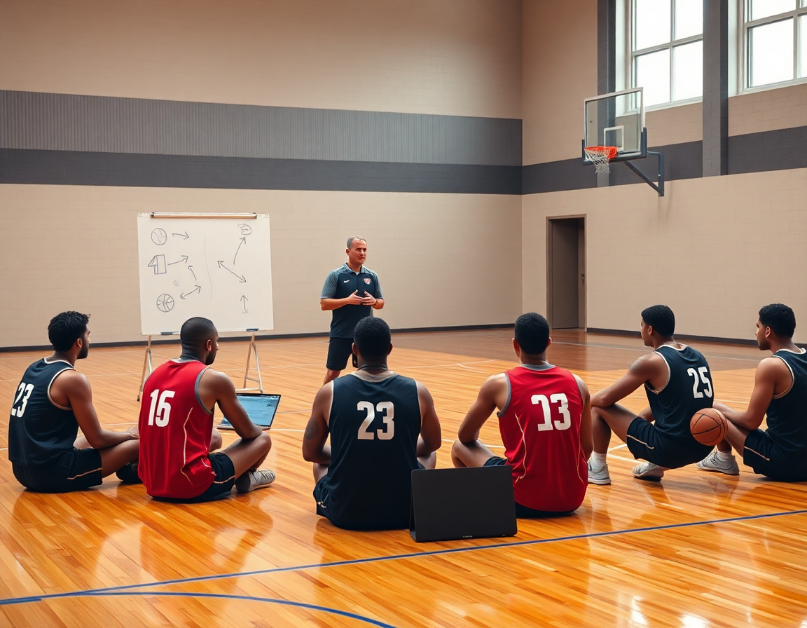 Sesión de scouting baloncesto en la cancha, entrenador mostrando jugadas simples mientras los jugadores observan.