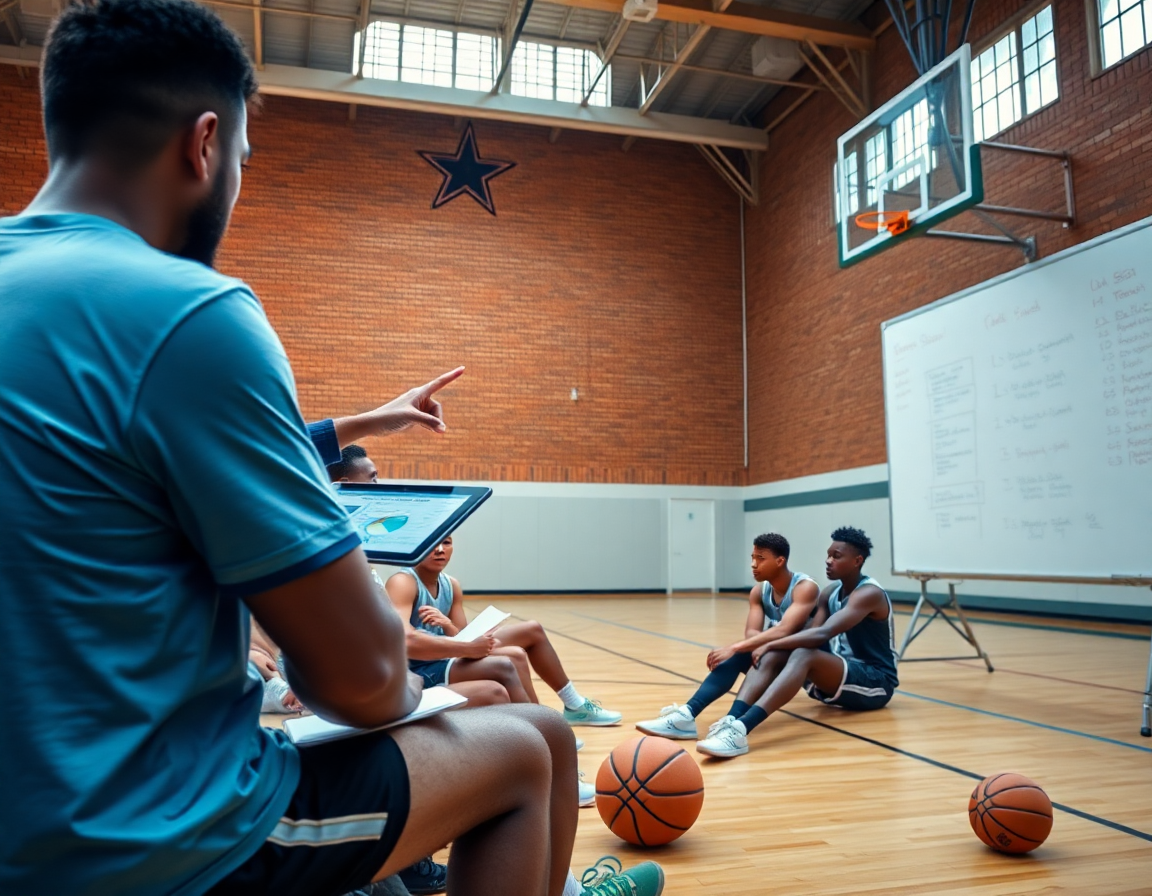 Análisis de scouting baloncesto durante la sesión, entrenador con tablet y jugadores tomando notas.