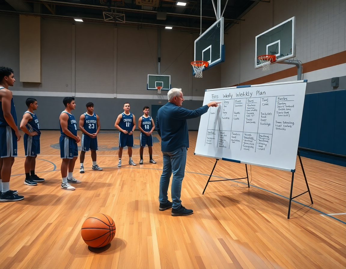Pizarra táctica y jóvenes aprendiendo jugadas de baloncesto durante una sesión de baloncesto infantil.