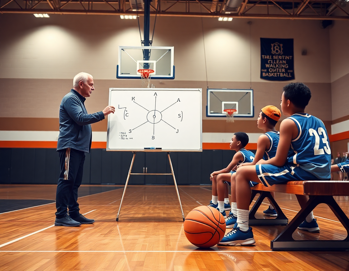 Entrenadores revisan clips de baloncesto en una tablet durante la sesión de baloncesto infantil.
