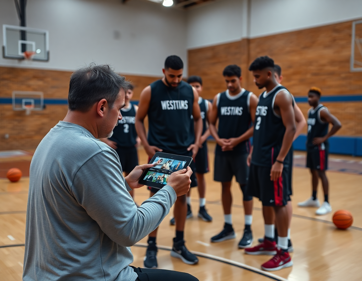 Entrenadores revisan clips de baloncesto en una tablet durante la sesión de baloncesto infantil.