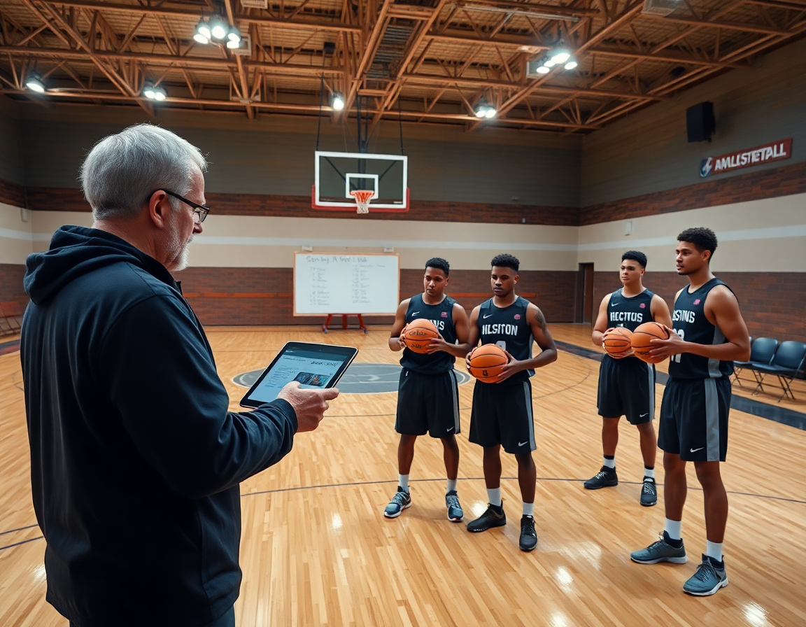Checklist semanal de scouting y preparación de rivales en baloncesto, con jugadores atentos.