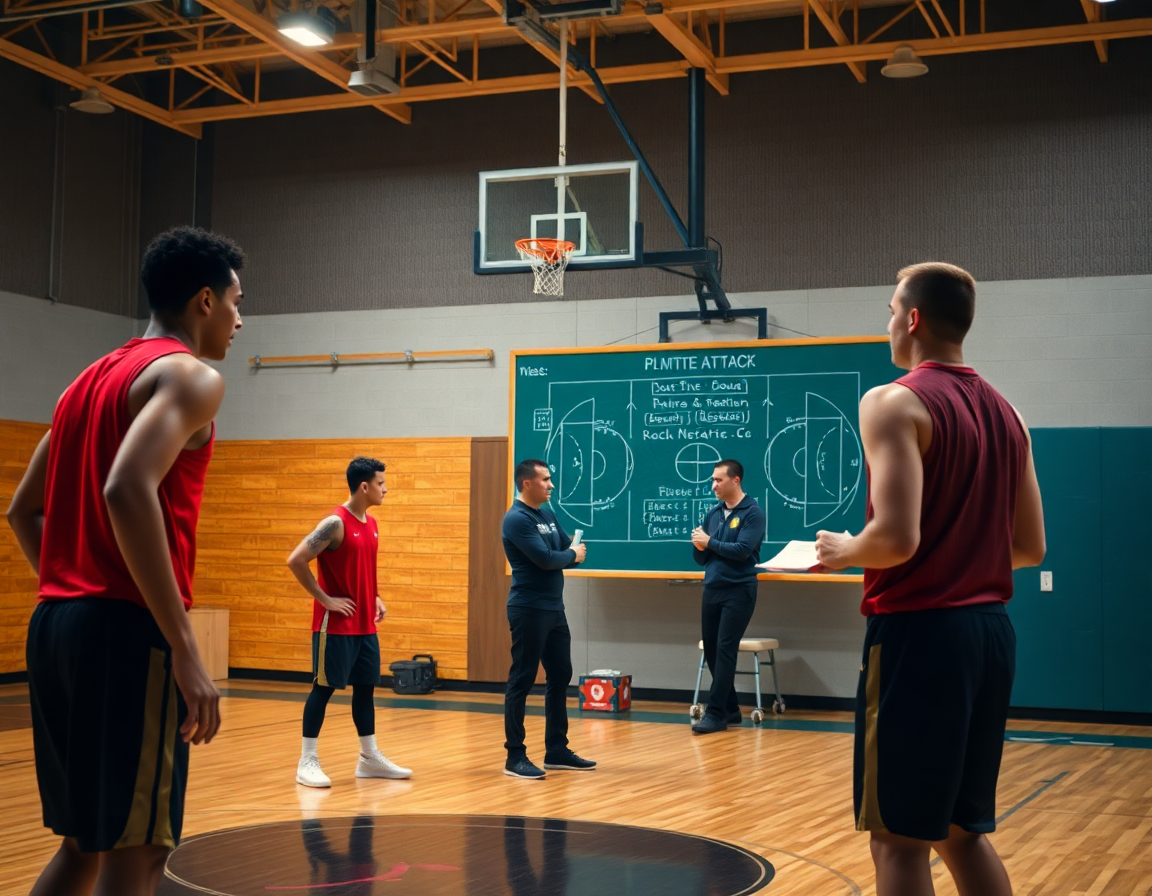 Plano medio de jugadores practicando una jugada mientras el coach usa una pizarra para sistemas ataque baloncesto.