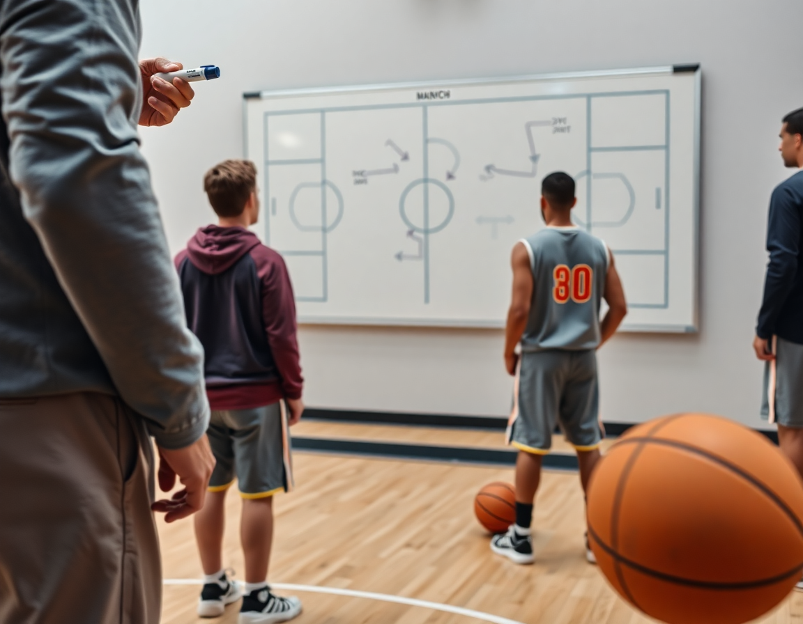 Enfoque cercano en las manos del entrenador marcando jugadas en la pizarra con flechas para sistemas baloncesto.