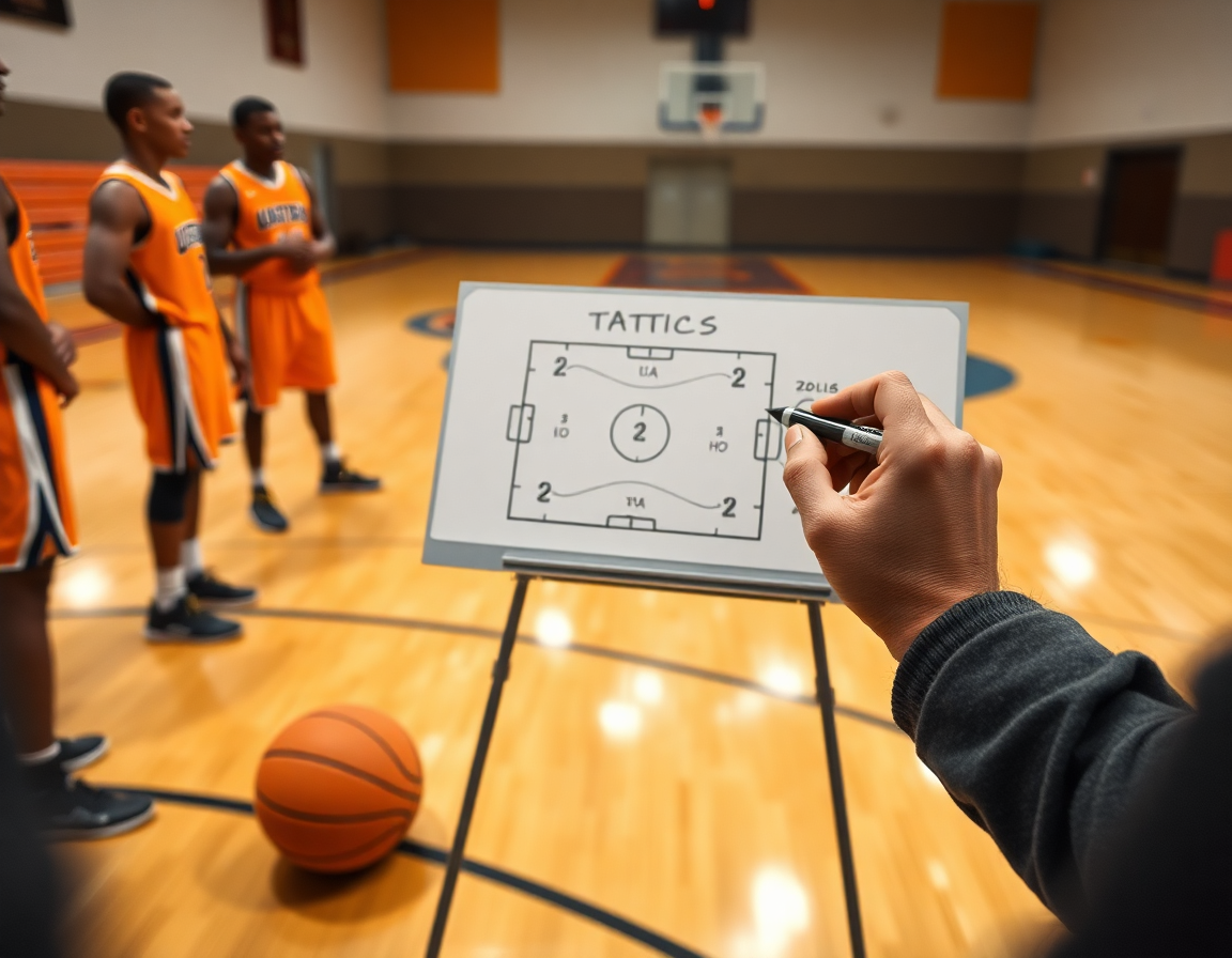 Primer plano de entrenador ajustando sistemas de ataque baloncesto pdf durante una práctica real.