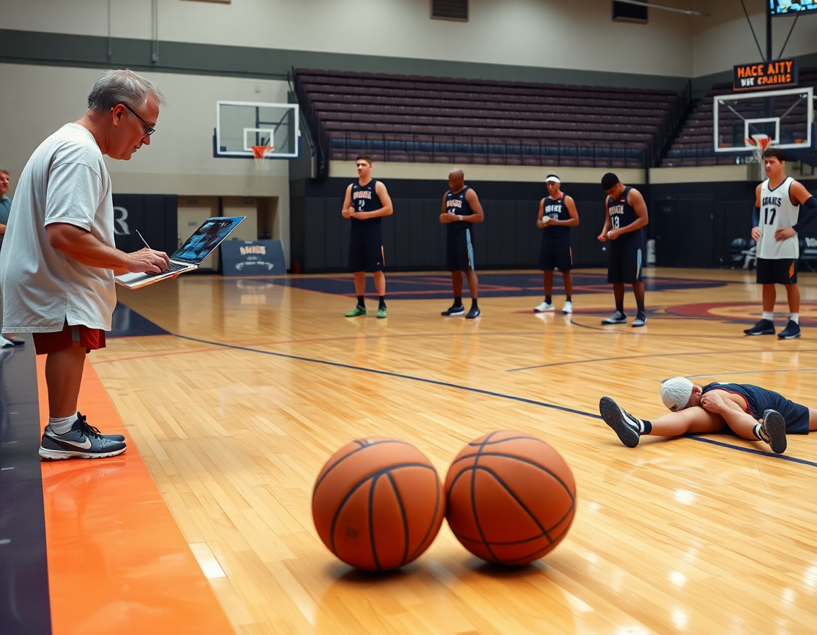 Entrenador revisa informes de scouting en la cancha de baloncesto mientras ven clips en una tablet.