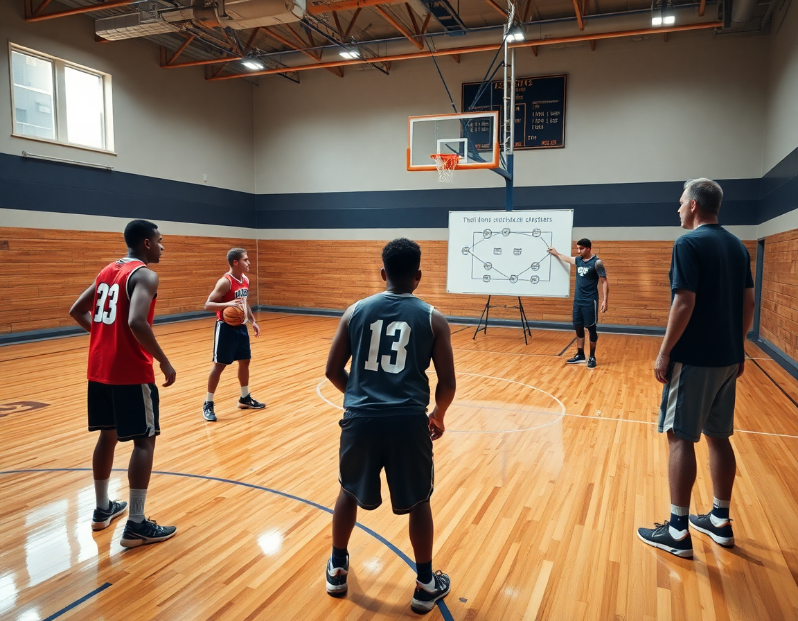 Primer plano de jugadores ejecutando un drill en baloncesto, mostrando sistemas de ataque en baloncesto.